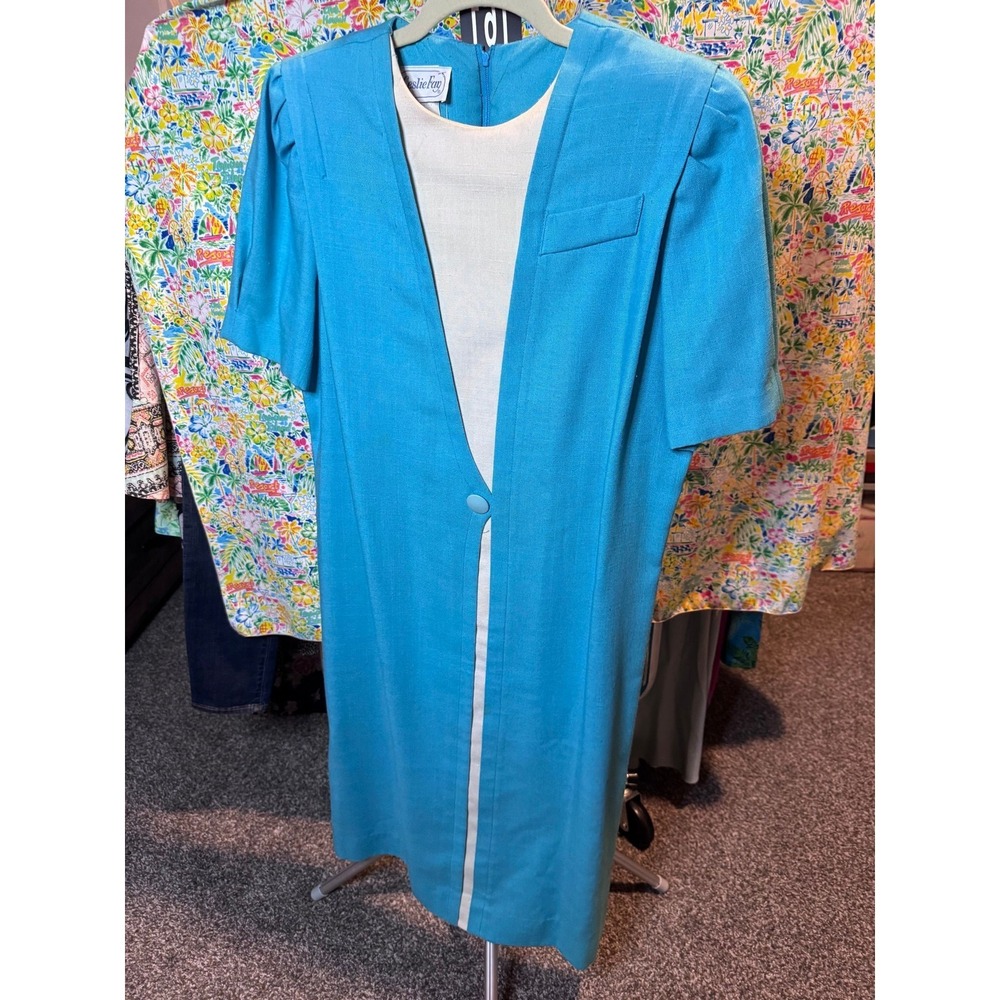 161 Vintage Leslie Fay Turquoise Blue Sheath Dress‎ Union Made USA Size 16 Retro